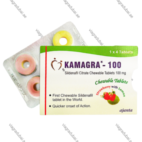 Kamagra-100 Sildenafil Citrate chewable tablets 4-pack green and white retail box featuring a strawberry and lemon graphic