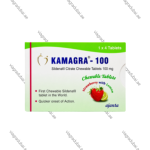 Kamagra-100 Sildenafil Citrate chewable tablets 4-pack green and white retail box featuring a strawberry and lemon graphic