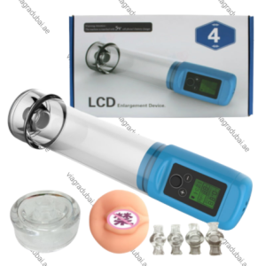 Automatic electric penis pump with LCD display screen and blue motorized base panel shown with accessories and product packaging box.