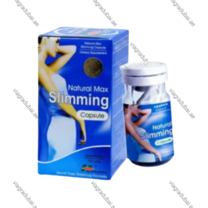 Natural Max Slimming Capsule diet supplement bottle and blue product packaging box featuring a slim woman silhouette.