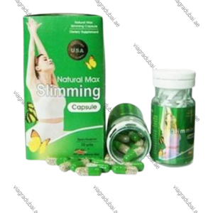 Natural Max Slimming Capsule green box herbal dietary supplement with open bottle showing green and white weight loss pills.