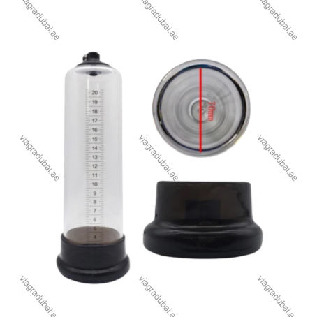 Dual-function vacuum pistol grip penis pump kit with pressure gauge, clear graduated cylinder, black silicone sleeves, and retail packaging box.