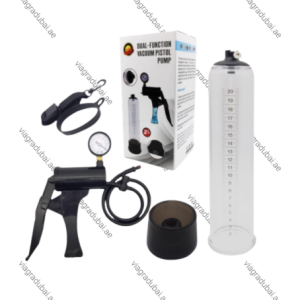 Dual-function vacuum pistol grip penis pump kit with pressure gauge, clear graduated cylinder, black silicone sleeves, and retail packaging box.