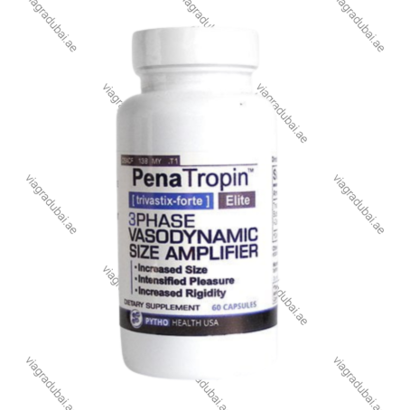 PenaTropin 3-phase vasodynamic size amplifier dietary supplement white medicine bottle containing 60 capsules by Pytho Health USA.
