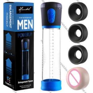 Hannibal Men Powerup electric enlargement system penis pump cylinder with blue motorized handle, three black silicone donut rings, flesh-toned attachment, and black product box.