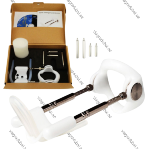 Pro Extender orthopedic penis traction enhancement device with adjustable metal rods, white silicone straps, foam padding, and complete kit inside its wooden storage box.