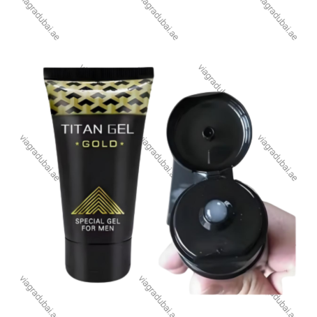 Titan Gel Gold special gel for men black squeeze tube with gold geometric patterns shown next to an open cap displaying a drop of the gel.