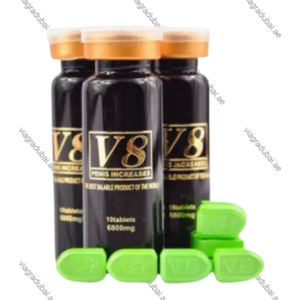 V8 Pills for Sex Delay black bottles and green tablets - Male delay supplement