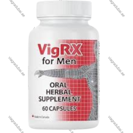 VigRX for men virility enhancement blend herbal supplement bottle containing 60 capsules displayed next to its red and white grid pattern retail box.