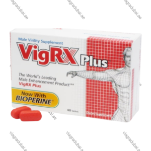 VigRX Plus male enhancement product 60 tablets dietary supplement box with a Bioperine emblem, shown alongside two red oblong pills.