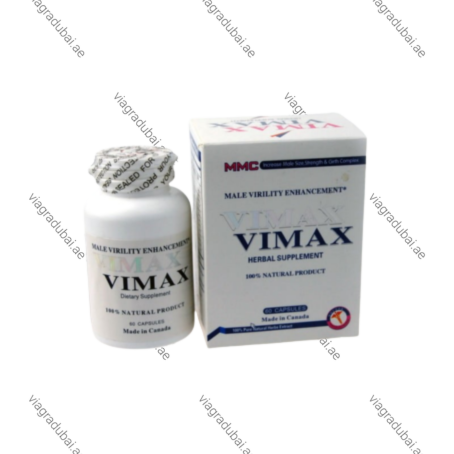 Vimax herbal supplement 100% natural product 60 capsules white medicine bottle with a protective clear plastic neck seal