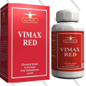 New Vitality Vimax Red testosterone booster product retail display showing a red-themed packaging box